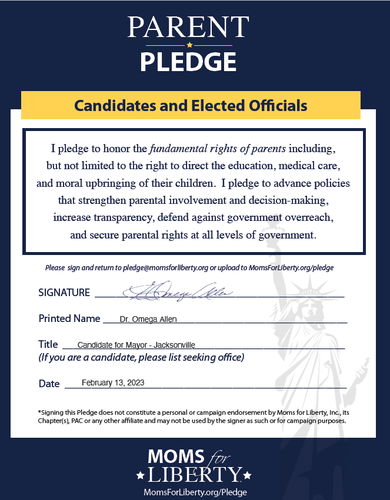 Jacksonville Mayoral Candidate Dr. Omega Allen Signs Parent Pledge