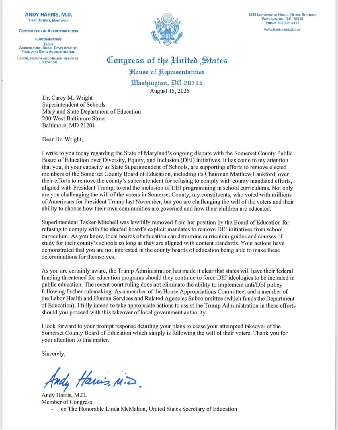 Representative  Andy Harris Addresses Trump Initiatives with Somerset County Superintendent